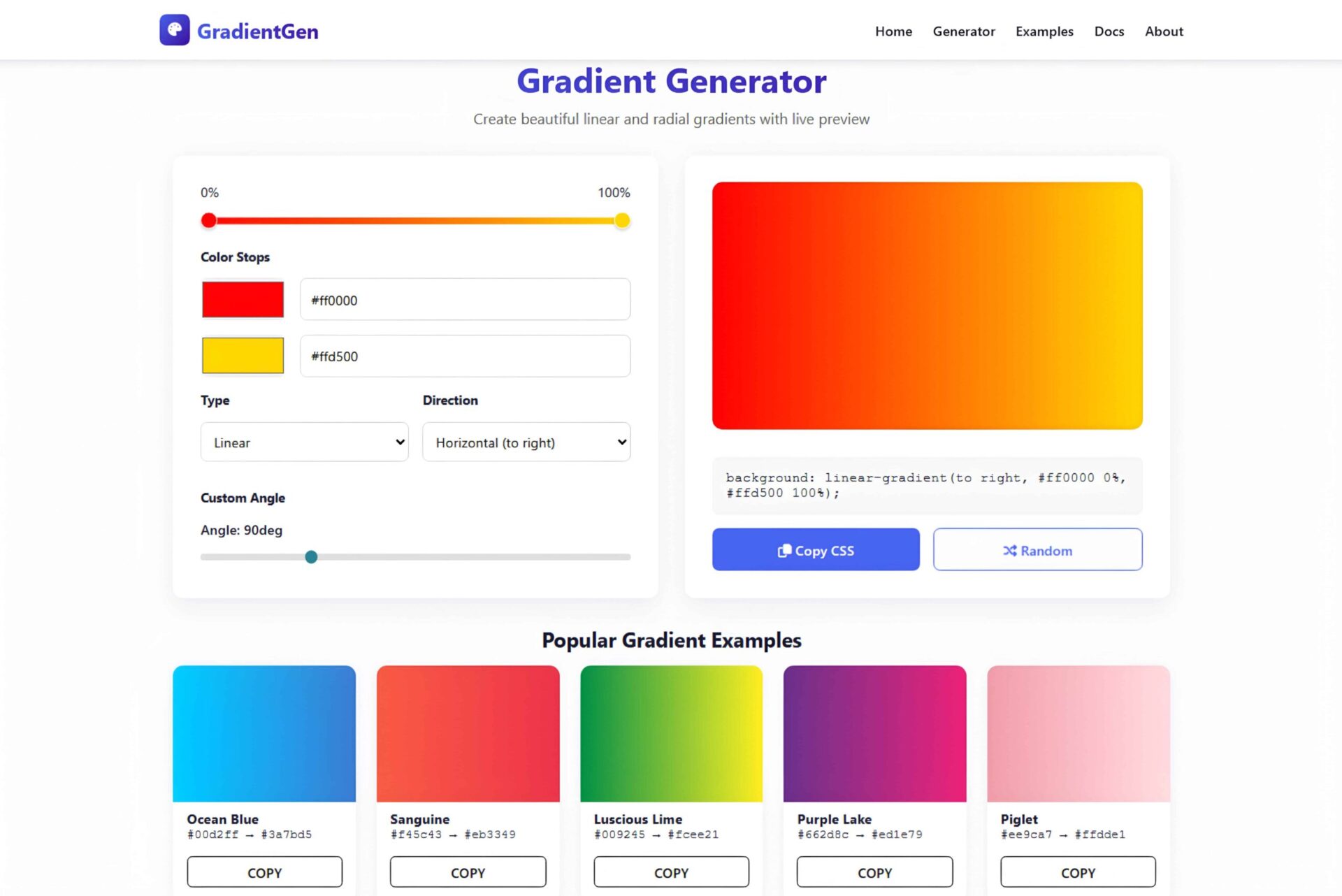 CSS gradient generator script interface for creating custom background gradients