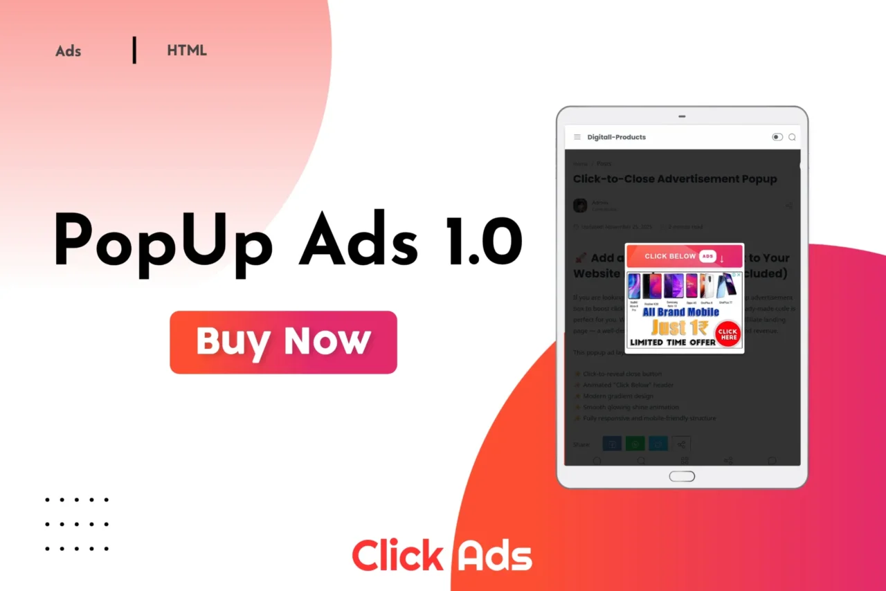 Click-to-close advertisement popup for websites and marketing banners