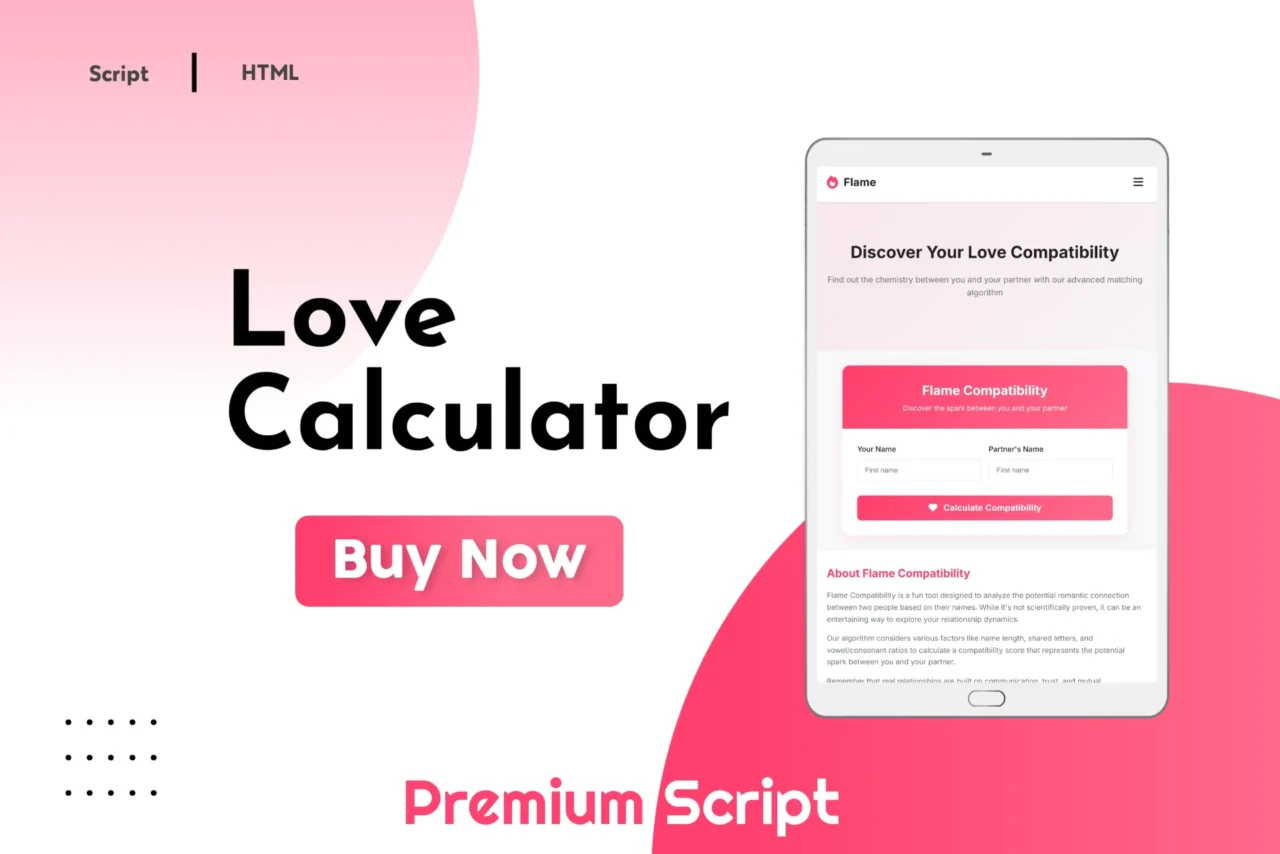 Flame love calculator tool interface for fun relationship compatibility tests