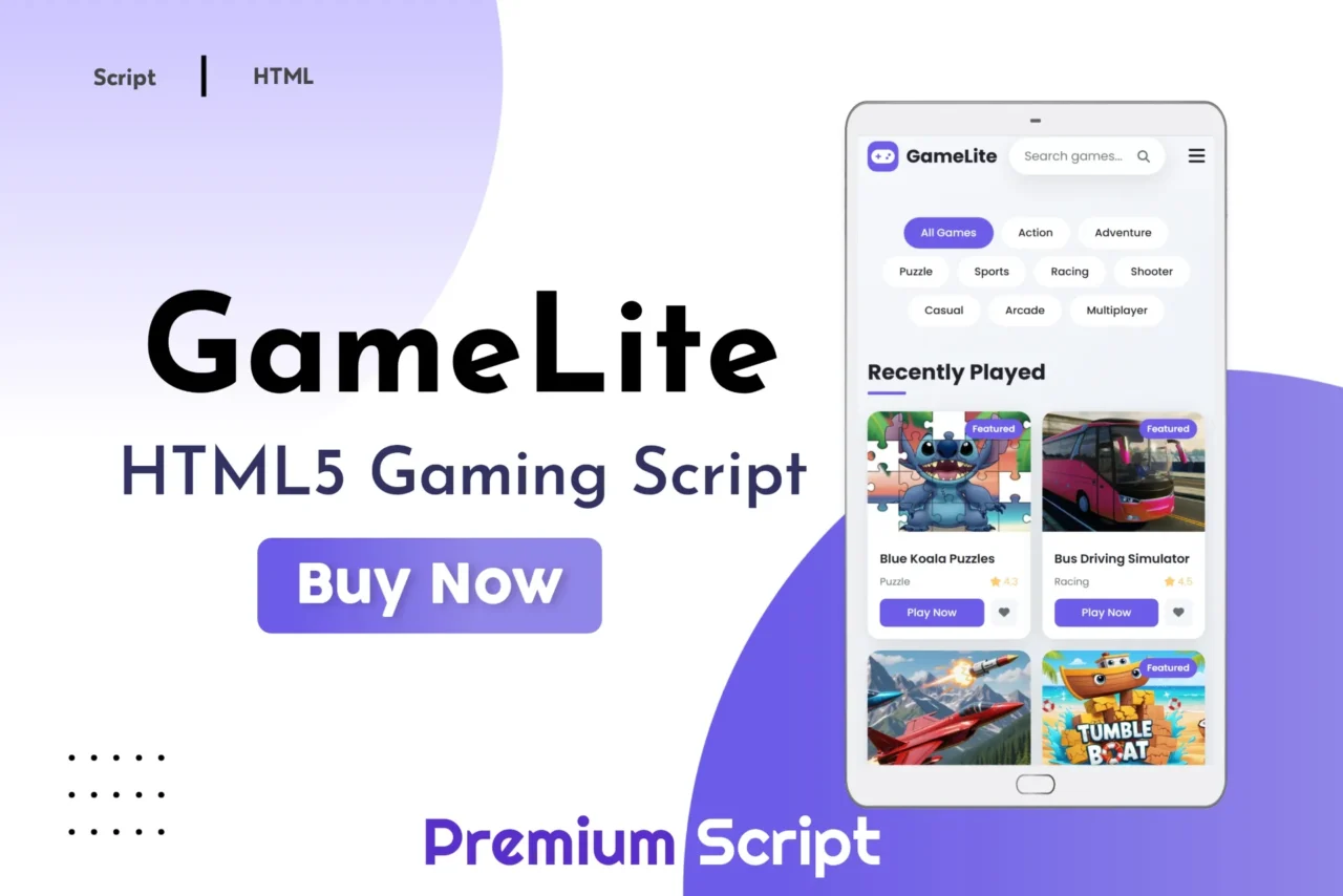 GameLite HTML5 script template for online games and responsive gaming website pages