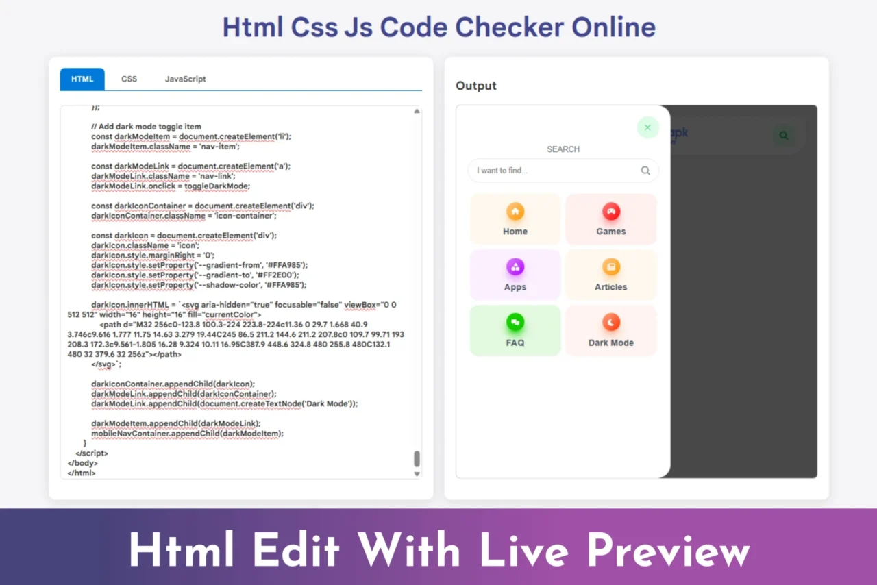 HTML CSS JS code live preview tool interface for testing and viewing code in real time