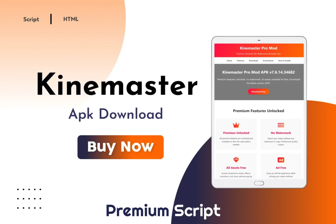 Kinemaster Pro mod APK script website template for APK download and Android video editing app pages