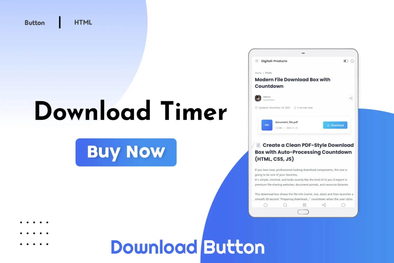 Modern file download box with countdown timer for websites and digital products