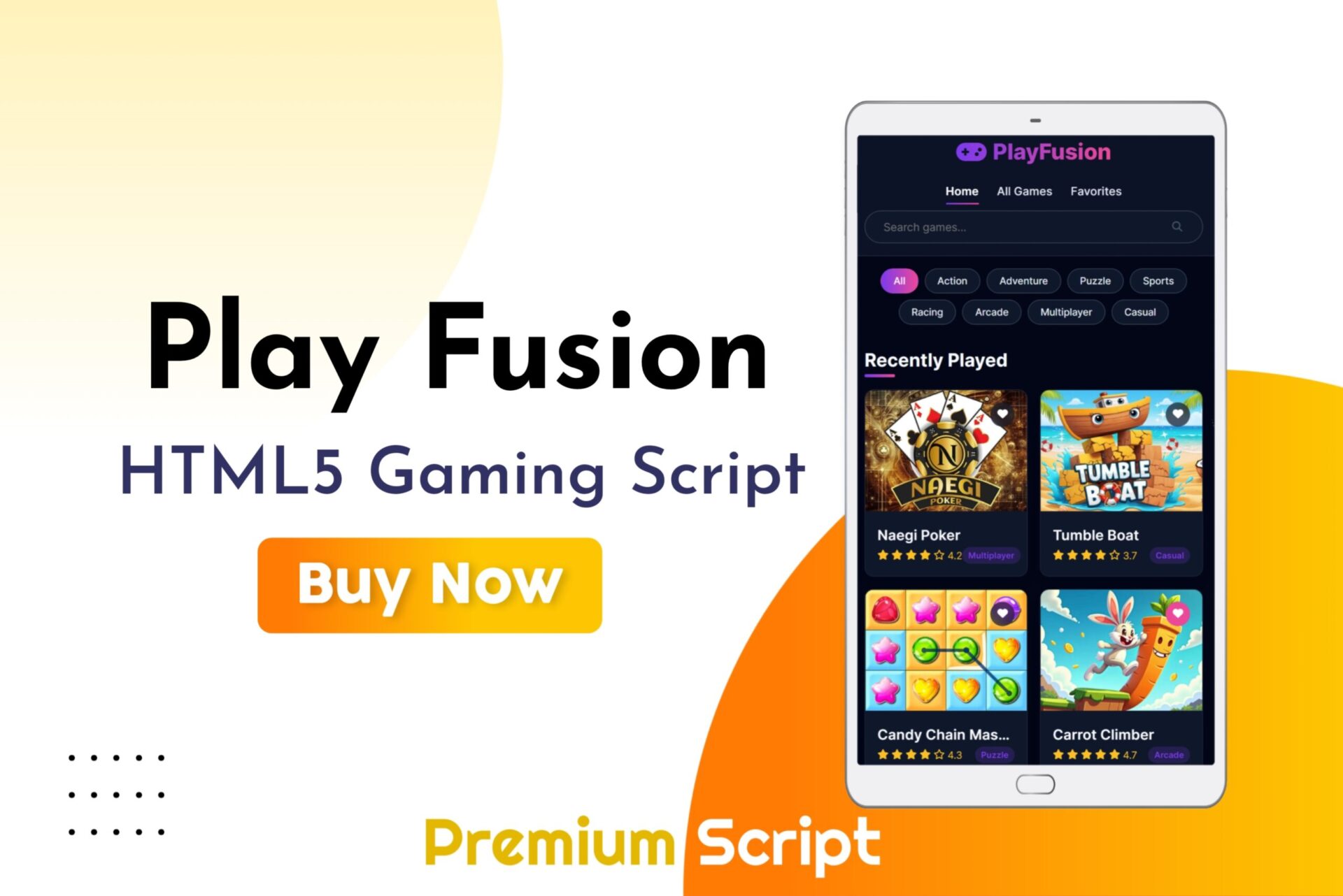 Play Fusion HTML5 script website template for online games and responsive gaming portal pages