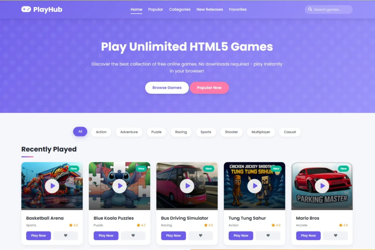 PlayHub HTML5 script website template for online games and responsive gaming portal pages